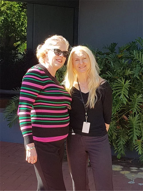 Tanya and Marija stand in front of the former Association for the Blind WA building in Sunbury Road in Victoria Park.